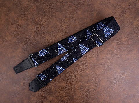 pine tree with snow guitar strap with leather ends-2