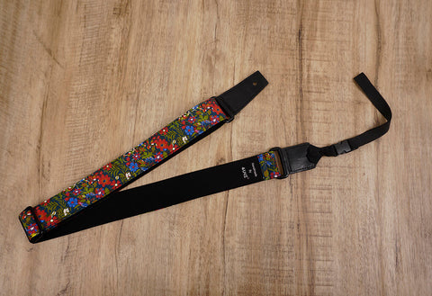 red blue flowers ukulele shoulder strap with leather ends-2