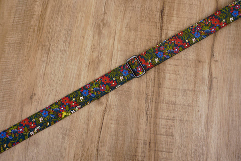 red blue flowers ukulele shoulder strap with leather ends-6