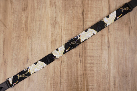 red-crowned crane ukulele shoulder strap with leather ends-6