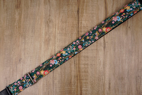 secret garden floral guitar strap with leather ends -4