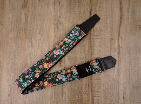 secret garden floral guitar strap with leather ends -5
