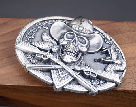 Personalized Cowboy Skull Silver Plated Belt Buckle with cowboy hat, rose, guns, snake. Custom monogram Belt Buckle for him, Groomsman-3