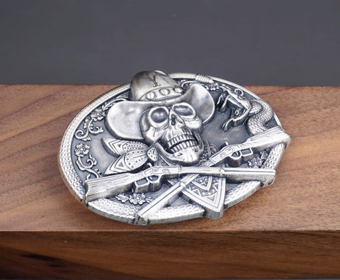 Personalized Cowboy Skull Silver Plated Belt Buckle with cowboy hat, rose, guns, snake. Custom monogram Belt Buckle for him, Groomsman-5