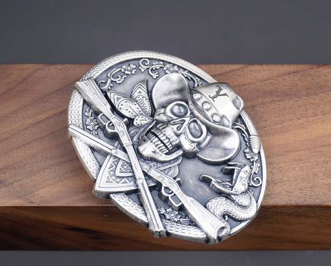 Personalized Cowboy Skull Silver Plated Belt Buckle with cowboy hat, rose, guns, snake. Custom monogram Belt Buckle for him, Groomsman-6