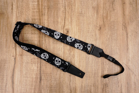 Paisley and Sugar Skull ukulele shoulder strap with leather ends-2