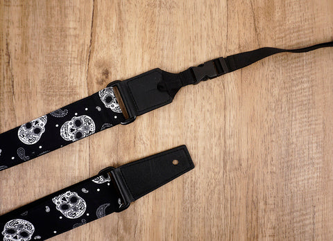 Paisley and Sugar Skull ukulele shoulder strap with leather ends-3