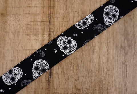 Paisley and Sugar Skull ukulele shoulder strap with leather ends-4