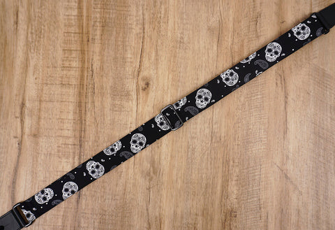 Paisley and Sugar Skull ukulele shoulder strap with leather ends-5