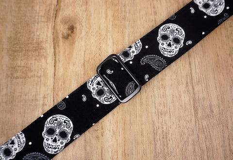 Paisley and Sugar Skull ukulele shoulder strap with leather ends-6