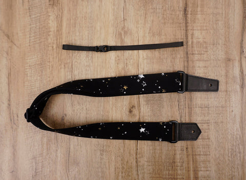 star on black ukulele shoulder strap with leather ends-3