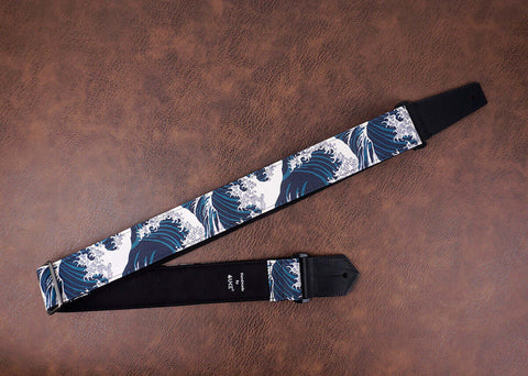 green waves guitar strap with leather ends-4