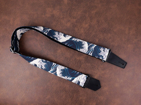 green waves guitar strap with leather ends-5