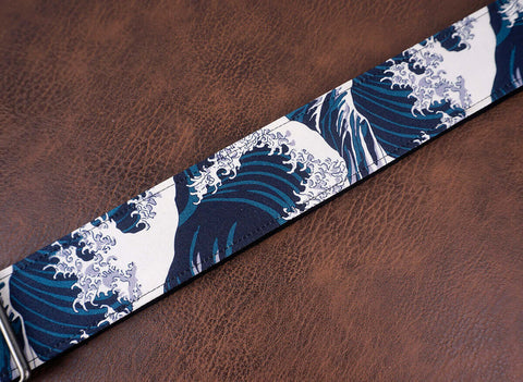 green waves guitar strap with leather ends-6