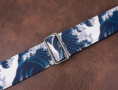 green waves guitar strap with leather ends-7