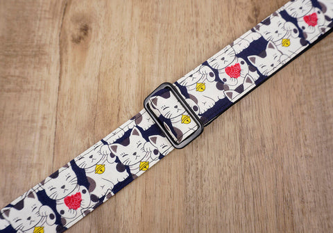 white lucky cat ukulele shoulder strap with leather ends - 5