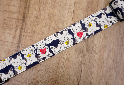 white lucky cat ukulele shoulder strap with leather ends - 6