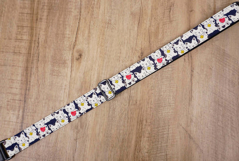 white lucky cat ukulele shoulder strap with leather ends - 7