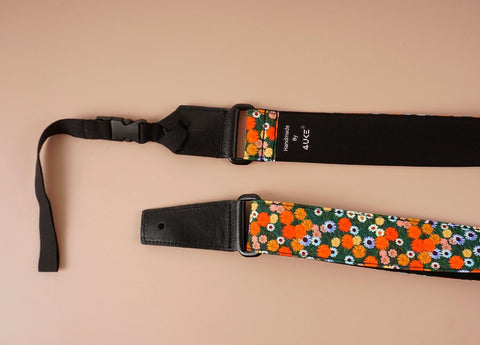 ukulele shoulder strap with red daisy floral printed-detail-2