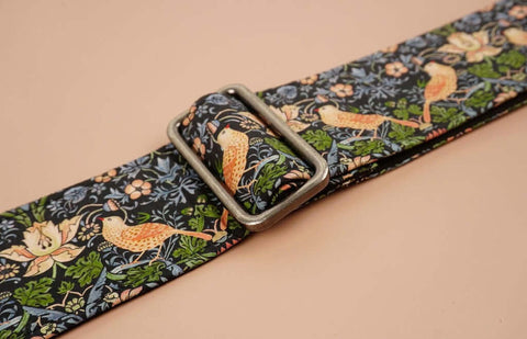 bird and flowers printed vintage guitar strap-detail-2