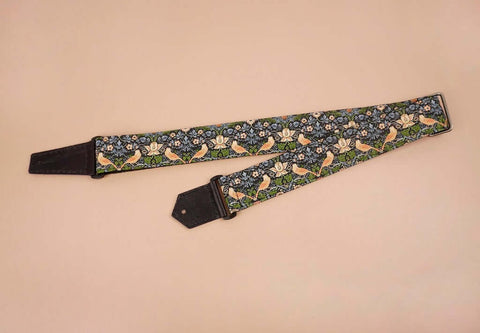 bird and flowers printed vintage guitar strap-front-2