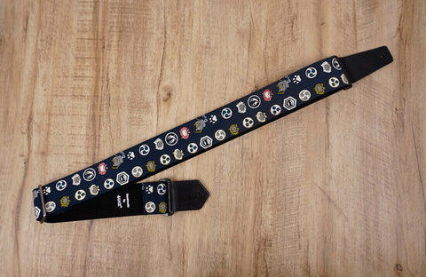 Anime cat design on blue guitar strap with leather ends-3