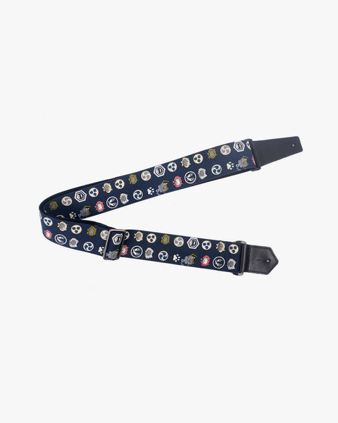 Anime cat design on blue guitar strap with leather ends-1