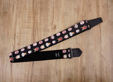 Japanese Daruma Devil guitar strap with leather ends-3