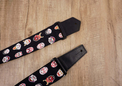 Japanese Daruma Devil guitar strap with leather ends-7