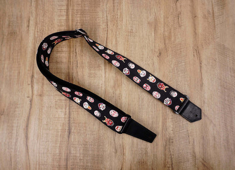 Japanese Daruma Devil guitar strap with leather ends-2