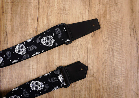 Sugar Skull guitar strap with leather ends-3