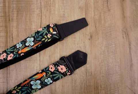 bird rose floral guitar strap with leather ends -4