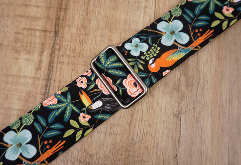 bird rose floral guitar strap with leather ends -5