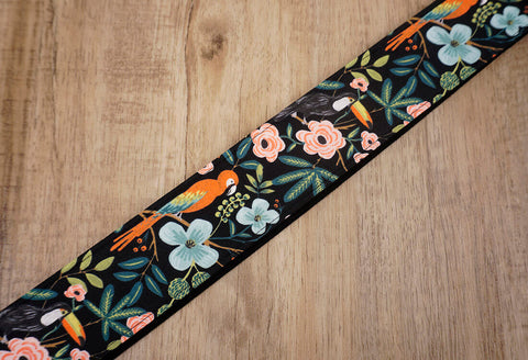 bird rose floral guitar strap with leather ends -6