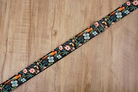 bird rose floral guitar strap with leather ends -7