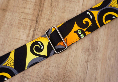 personalized black cat guitar strap with leather ends -4