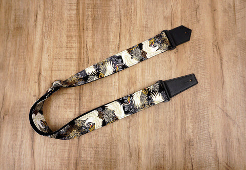 black crane and chrysanthemums printed vintage guitar strap with leather ends-1