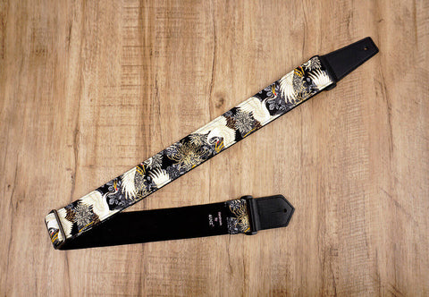 black crane and chrysanthemums printed vintage guitar strap with leather ends-2