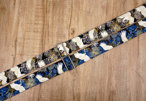 crane and chrysanthemums printed vintage guitar strap with leather ends-2