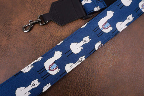 cute blue llama banjo strap with leather ends and hook, also can be used as purse guitar strap-4