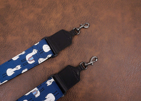 cute blue llama banjo strap with leather ends and hook, also can be used as purse guitar strap-7