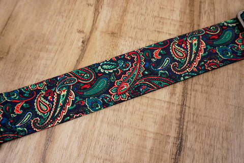Boho paisley guitar strap with leather ends-4
