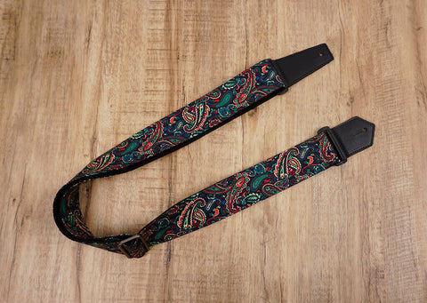 Boho paisley guitar strap with leather ends-3