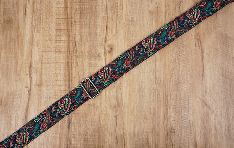 Boho paisley guitar strap with leather ends-6