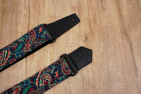 Boho paisley guitar strap with leather ends-7