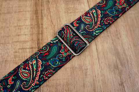 Boho paisley guitar strap with leather ends-8