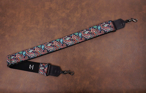 Boho paisley fabric banjo strap with leather ends and hook, can also be used as purse guitar strap -2