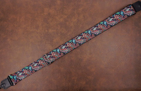 Boho paisley fabric banjo strap with leather ends and hook, can also be used as purse guitar strap -5