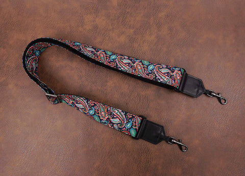 Boho paisley fabric banjo strap with leather ends and hook, can also be used as purse guitar strap -3
