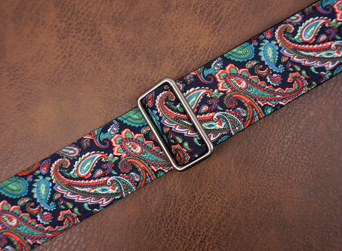Boho paisley fabric banjo strap with leather ends and hook, can also be used as purse guitar strap-6